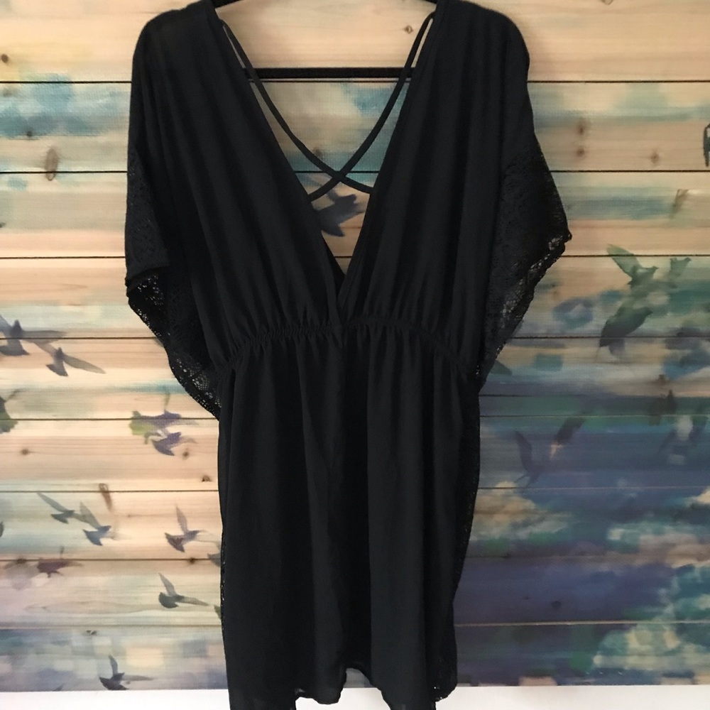 Black Sheer Beach Coverup with 2 Layers of Lace on Sides Elastic. Waist X Straps